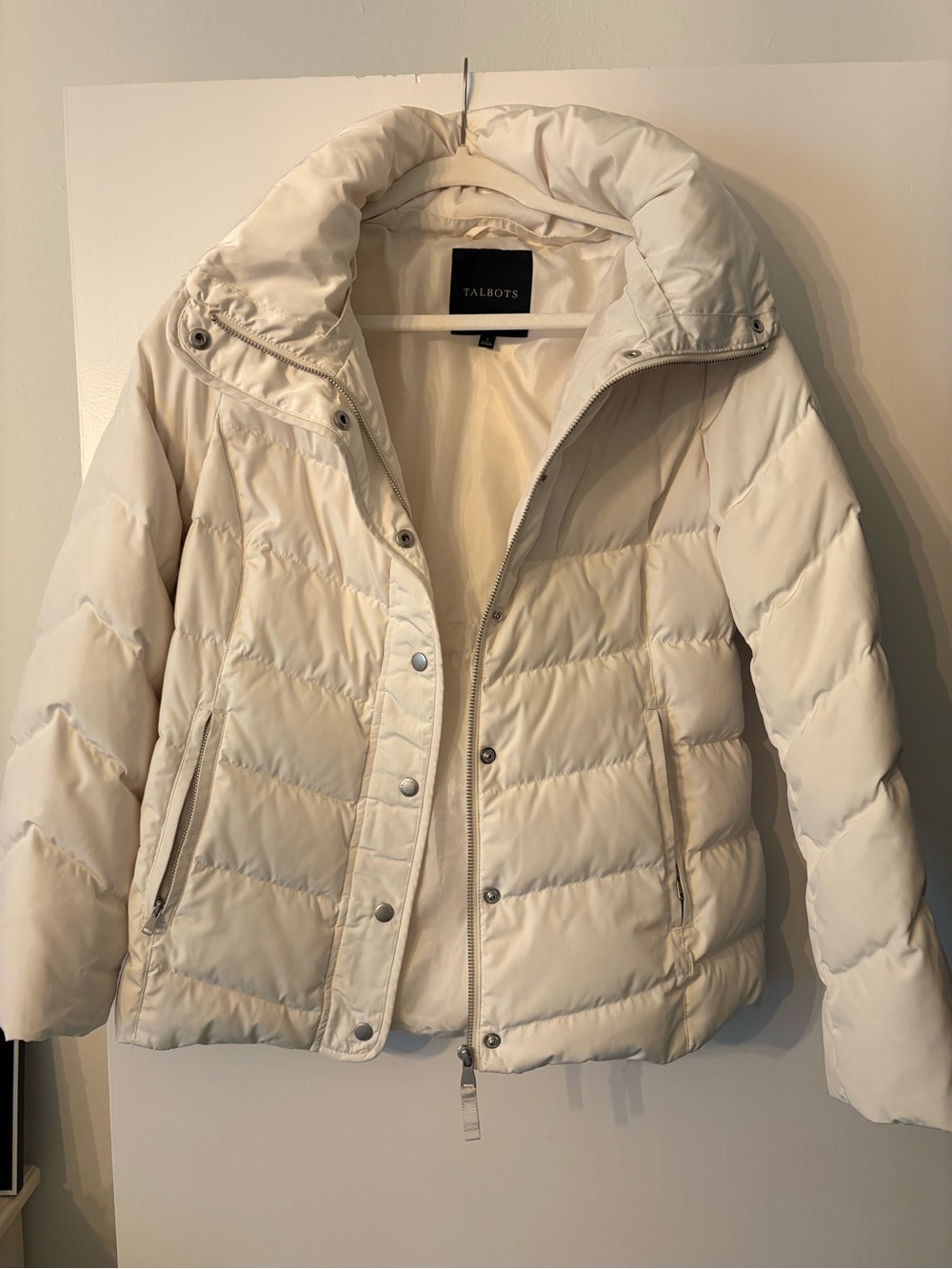 Talbots Ivory Quilted Puffer Jacket with High Collar